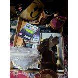 A box of assorted vintage cameras and binoculars etc.