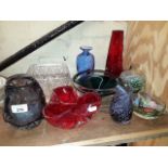A selection of 9 glass items to include Whitefriars, Murano, etc.