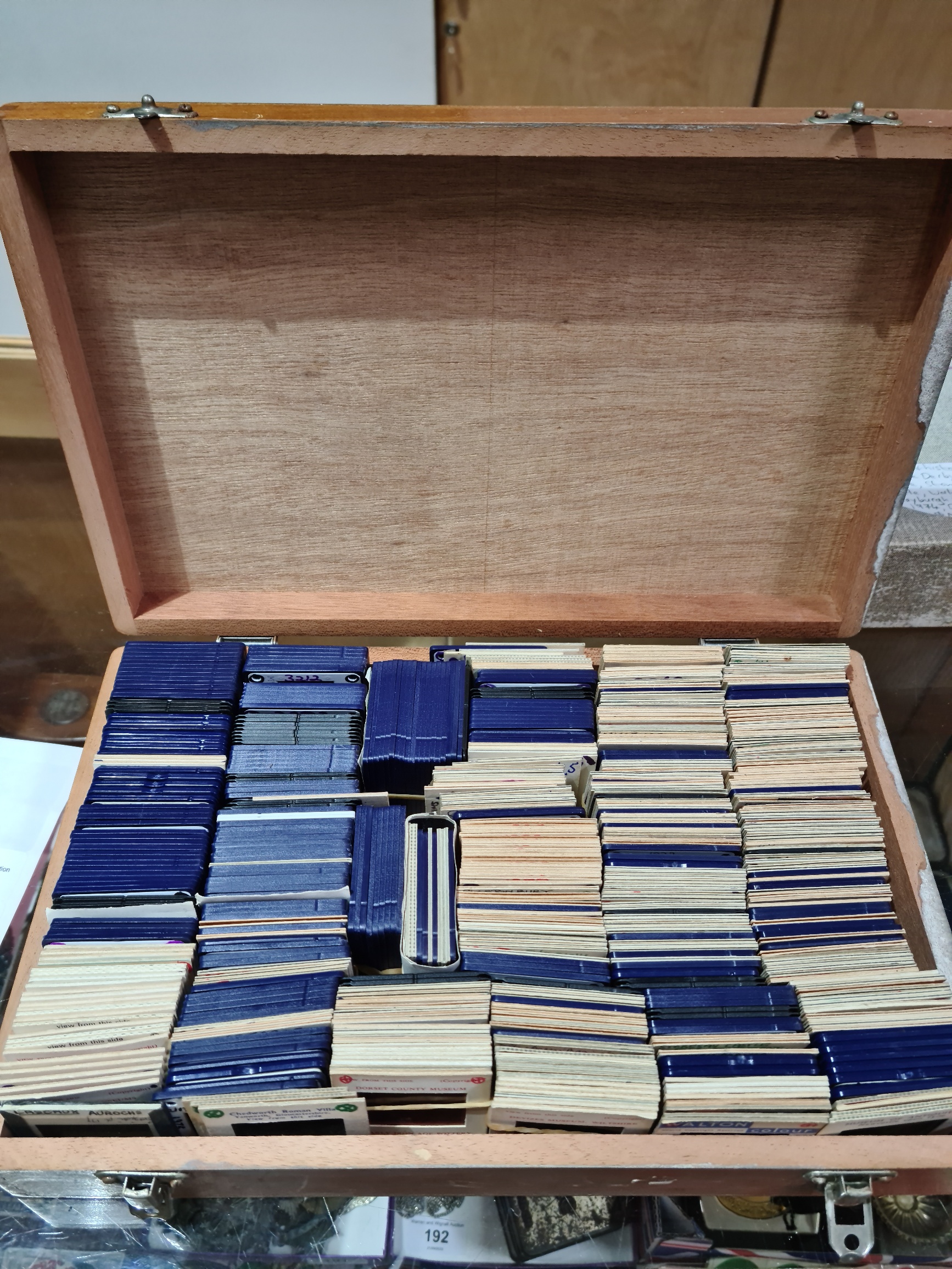 A wooden box of slides, mainly Lancashire aerial photography circa 1976, including Fountains