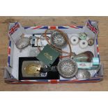 A box of misc collectables including silver items, minerals, an unmarked yellow bangle (broken),