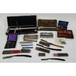 A selection of misc instruments, gauges, scalpels, drawing instruments, 4 cut-throat razors etc.