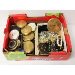 A box of assorted items including vintage compacts, vintage costume jewellery, miniature portraits