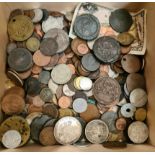 A box of various GB & world coins including some silver.
