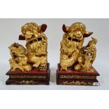 A pair of Chinese carved wood and polychrome decorated dogs on plinths, height 38cm.