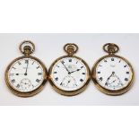 A group of three gold plated open face pocket watches; Waltham, Thomas Russell & Limit.