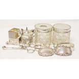 Assorted silver comprising sugar tongs, a mustard pot, decanter labels, two silver topped glass