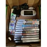 A box including a PSP, a Nintendo Gameboy, four Gameboy games, two Gameboy Advance games and some