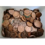 A tub of various GB copper coins & a strongbox