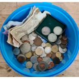 A tub of world coins and banknotes to include 3 half crowns (1818,1921,1924) etc.
