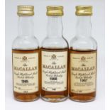 3x Macallan single malt whisky miniatures; 1965, 1966 & 1967.