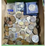 A box of UK and world coins including Victorian etc.