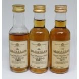 3x Macallan single malt scotch whisky miniatures; 1970, 1971 & 1973.