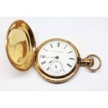 A gold plated full hunter pocket watch by Hampden Watch Co. diameter 52mm.