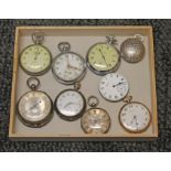 A tray of eight assorted pocket watches including one of golf ball design, spares and repairs.
