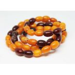 A single strand of butterscotch and cherry amber beads, length 66cm, gross wt. 24g.