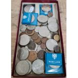 Assorted coins including a United States 1991 fine silver dollar, crowns, etc.
