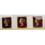 3 x Queen Victoria Penny Black stamps, LI, SC & TB, plate 6.