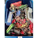 A box of mostly die cast and tin model vehicles and trains to include Dinky etc.