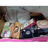 A box of collectables to include pair of Art Deco wall lights, vintage tins, inlaid box, etc.