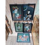 Five Chinese reverse glass paintings in wooden frames, approx. 34cm x 50cm each.