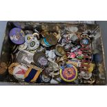 A tin of collectacle pin badges & medals to include RAC, Swimming Association, BSA & st. John's
