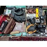 Two boxes of cameras, video cameras and camera equipment including Nikon, Pentax etc.