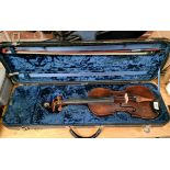 A German 19th century violin, one piece back, length 355mm, with bow in case.
