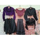 Six Victorian ladies clothing apparel pieces comprised of a silk skirt in sweepee round length, four