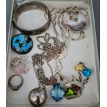 Selection of silver jewellery to include necklace, chains with pendants, ring, brooch, bangle,