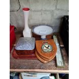 A mixed lot including a Cor Unum vase, three maritime plaques, a white metal topped box and a