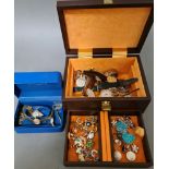 A jewellery box containing various vintage and modern earrings and selection of watches to include A