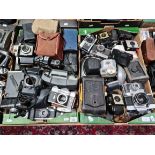 Two boxes of cameras and camera equipment including Olympus, Praktica, Kodak etc.