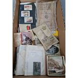A box of mixed ephemera to include vintage cigarette cards, photographs, share certificate & Opera