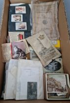 A box of mixed ephemera to include vintage cigarette cards, photographs, share certificate & Opera