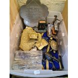 A box of mixed metalware and collectables including brassware, Masonic apron, Whitefriars glass