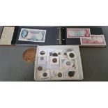 A tray of world coins & tokens to include some hammerd and a folder of world bank notes.