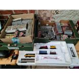 Model railway items including 2 boxes of buildings, a box of transformer & cables, 2 Inter City