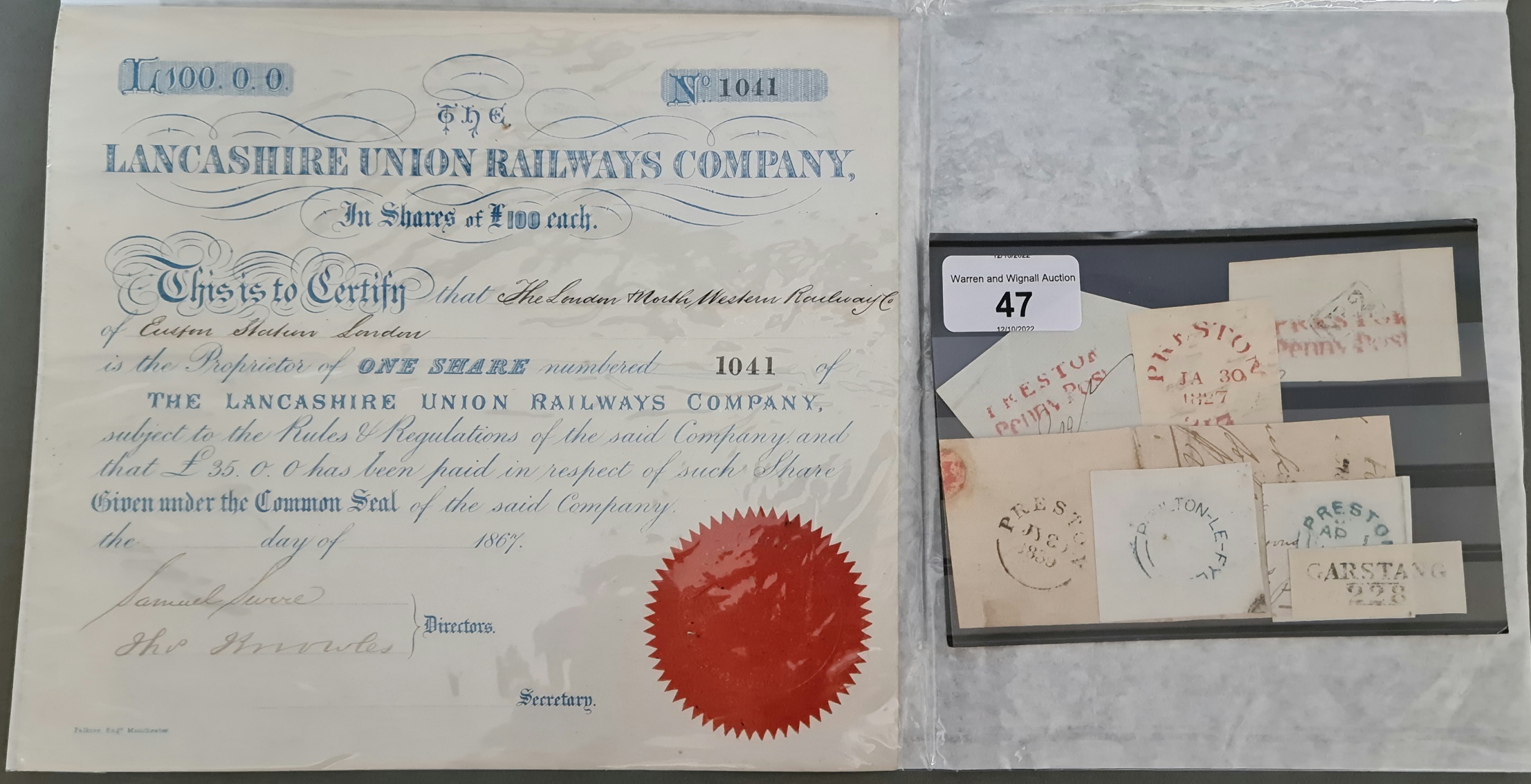 Acoolection of north west counter date stamps and a share certificate from Lancashire Union Railways