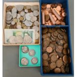 2 trays of GB and world coins & banknotes to include some silver coins.