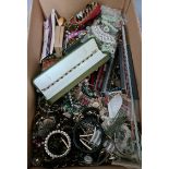 A box of costume jewellery to include vintage, modern, white metal, watch straps, brooches, rings,