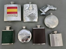 A selection of vintage flasks together with a chromed Louis Lejeune equine racehorse hood ornament