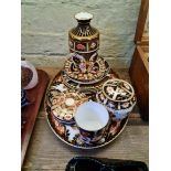 Assorted Royal Crown Derby and Derby Imari pattern china including a vase, a jam pot, lidded dishes,