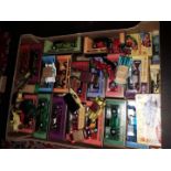 A box of Matchbox die-cast vehicles.