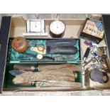 A box of assorted items including two pairs of gold plated spectacles, penknives, clocks, keys etc.
