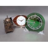 Three clocks comprising a retro Metamic, a Smiths lantern style clock and an Art Deco green glass