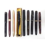 A collection of nine fountain pens including Swan, Curzons, Parker, Shaefer, Wyvern Stephens,