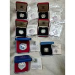 7 silver proof coins, boxed with COAs to include 2 x silver Jubilee crowns & 5 £1 coins.