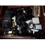 A crate of assorted vintage cameras including Praktica Super TL2, a Pentax P30, a Pentax K1000 etc.