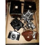 Assorted cameras comprising an Olympus OM-1, a Kodak Retinette and a Ihagee EXA500 with Carl Zeiss