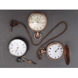 A silver pocket watch together with two gold plated pocket watches.